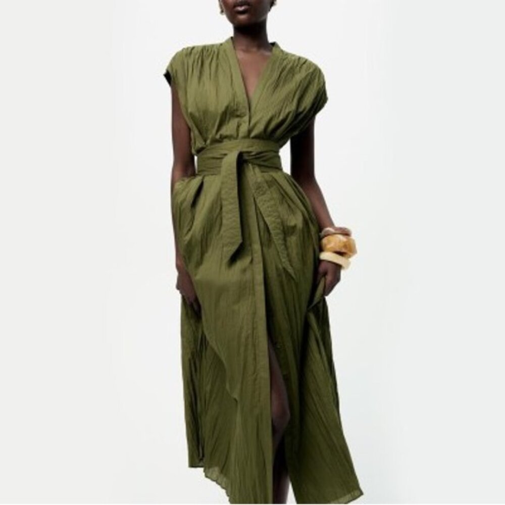 Zara ZW Collection Belted Wrinkled Dress Khaki